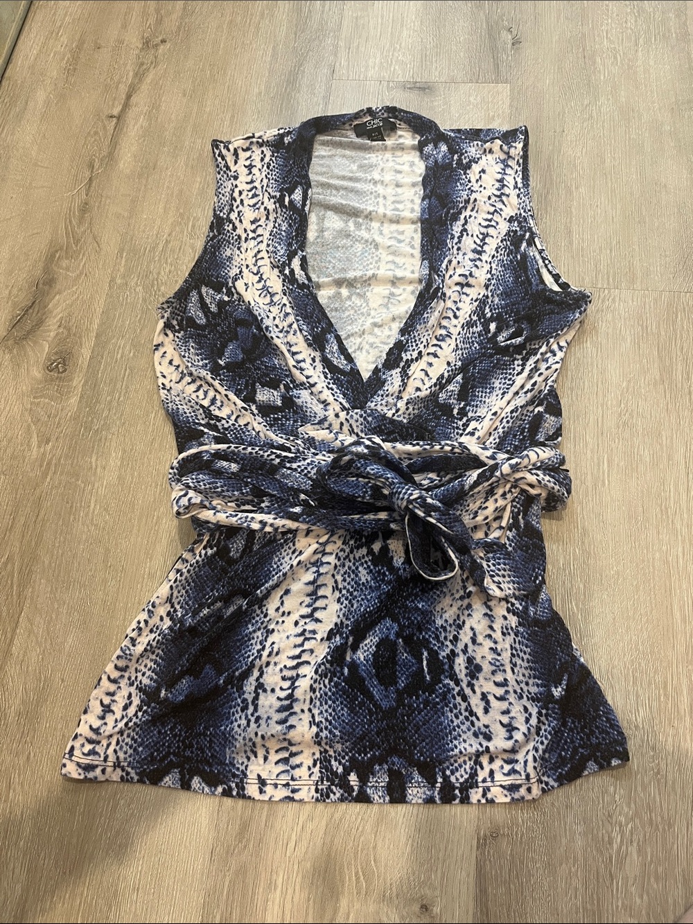 Cache Blue and White Snake-Print Wrap Camisole Top with Tie